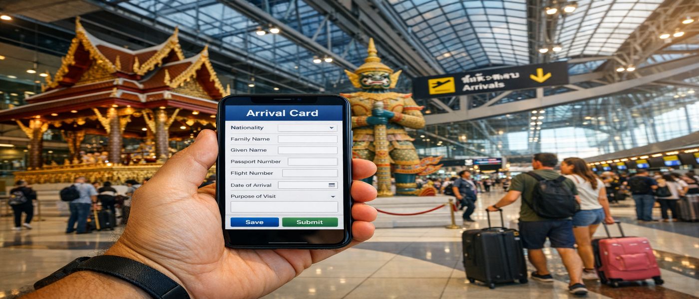 Traveler at Bangkok Suvarnabhumi Airport completing Thailand Digital Arrival Card on smartphone