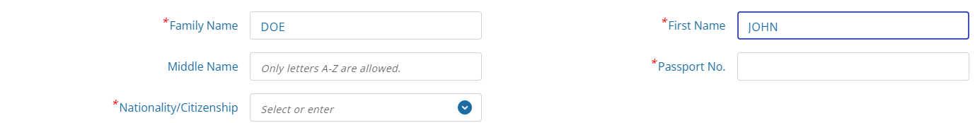 TDAC form Family Name DOE and First Name JOHN filled in