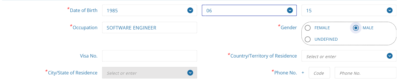 TDAC form showing Occupation SOFTWARE ENGINEER and Gender MALE selected