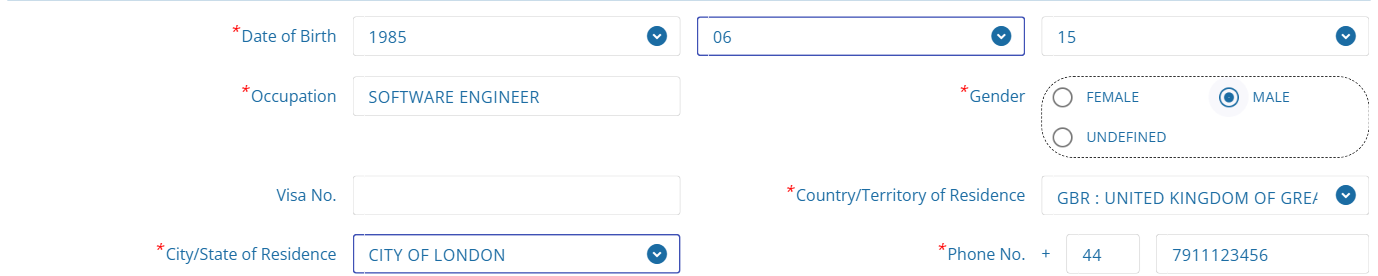 TDAC form showing Country GBR United Kingdom, City of London, and Phone +44 7911123456