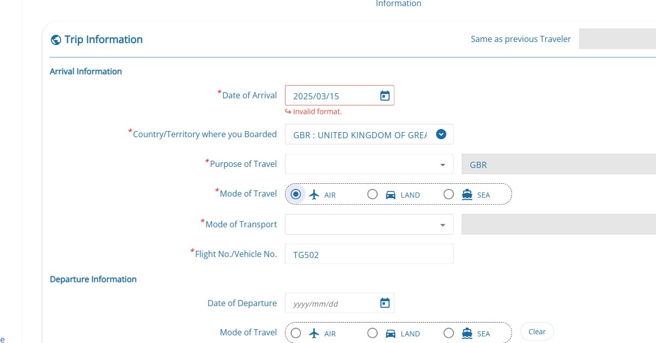 TDAC Trip Information form Tab 2 showing Date of Arrival, Country Boarded GBR, Mode of Travel AIR, Flight TG502