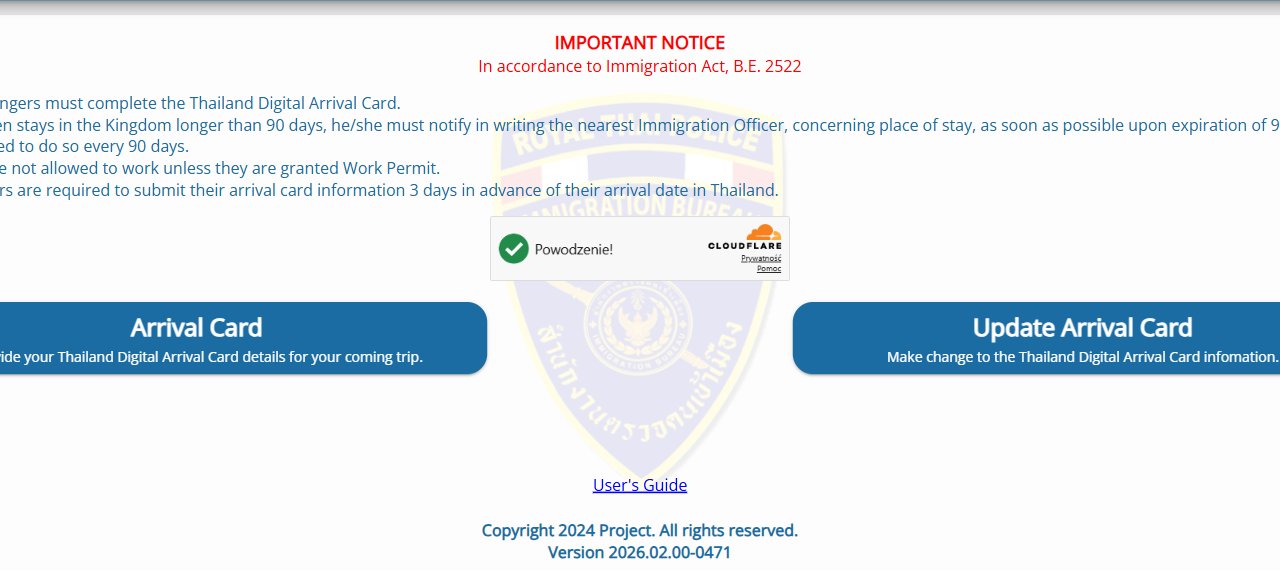 Official TDAC website landing page with Arrival Card button enabled